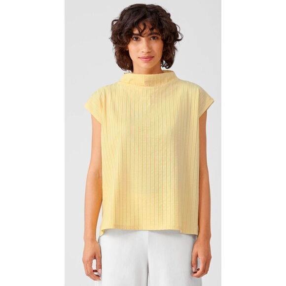 Eileen Fisher Washable Stretch Rib Funnel Neck Square Top in Pale Yellow NWT Siz - Picture 1 of 9